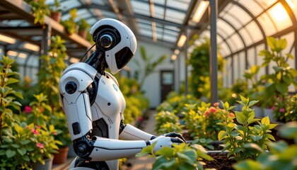 A humanoid robot is seen tending to plants in a controlled environment that resembles an indoor greenhouse. The setting is equipped with technology and has a high tech appearance.