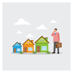 Planning to Finish Work Concept. Businessman With Colorful Houses, Real Estate and Home Buying