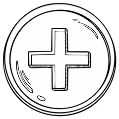 Obraz premium Plus symbol in round frame, outline sketch drawing. Addition sign, mathematics, medical, healthcare concept icon