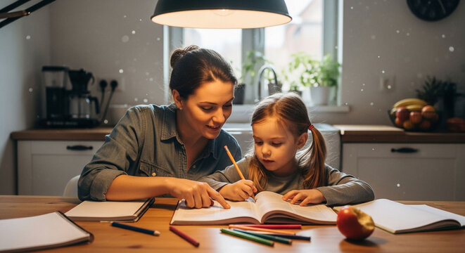 Mother helping daughter with homework at kitchen table home schooling family education learning together