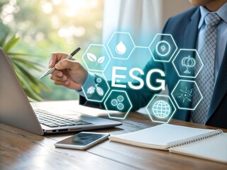 Businessman analyzing ESG concept with digital hexagons and icons