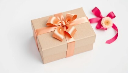 Obraz premium Elegant kraft gift box with a satin ribbon on pristine white background, kraft box, gift box