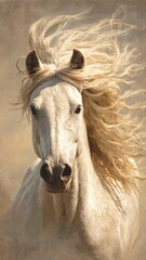 Obraz premium 風になびくたてがみが美しい白馬のアップ写真。動物や自然関連の素材に最適な馬の肖像写真。