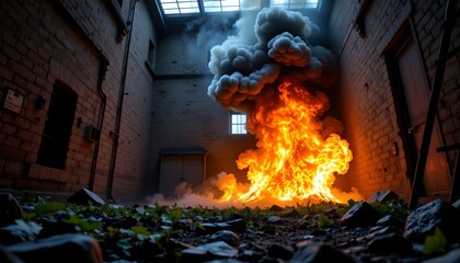 A dramatic scene inside an industrial warehouse. A massive explosion has occurred, sending debris flying throughout the space