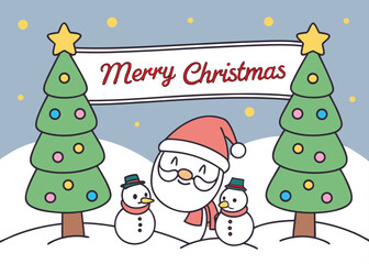 Cute Cartoon Santa Claus and Snowmen with Christmas Trees and Snowflakes snowman