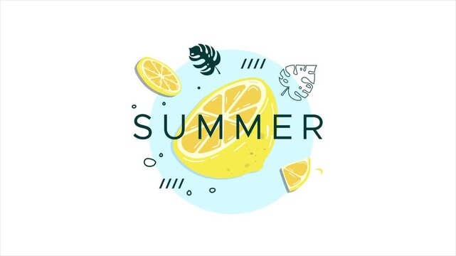 Playful summer animation featuring bright yellow lemon slices, tropical leaves, and bold typography that spells 'SUMMER' inside a fresh blue circle. This vibrant motion graphic symbolizes freshness