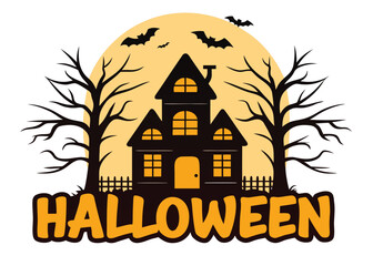 Halloween Illustration with a Haunted House Silhouetted Trees Bats a Fence and the Word Halloween Keywords: Halloween, haunted house, spooky, bats, full moon, trees, fence, silhouette
