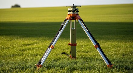 Geodetic Surveying Tripod Base in Expansive Green Field, Precision Land Measurement Tool.
