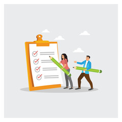 Excellent Award Concept. Business People with Giant Pencil and Checklist Clipboard.