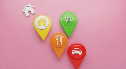Location Pin Icons for Home, Shopping, Restaurant, and Car Services on Pink