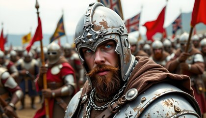 A man in ancient Roman garb standing amidst warriors. He is a prominent figure, dressed in a historical military costume with a helmet