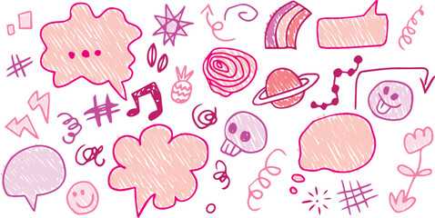 Sketch icons hand drawn, children draw style, grunge style icon set. Flower, smiley, purple skull, speech bubbles, musical note, lightning, Saturn, rainbow. Painted with pink and purple lines 