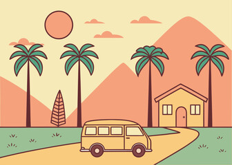 Minimalist illustration of a yellow van on a road with palm trees, a house, and mountains under a sun and clouds