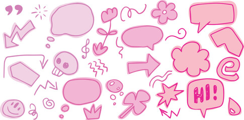 Sketch icons hand drawn, children draw style, grunge style icon set. Human skull, speech bubbles, flowers, text, lightning, arrow. Painted with pink and purple lines using a brush. Decorative doodle 