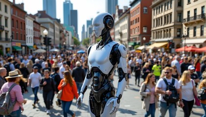 In the heart of a bustling city square, a large robot statue stands tall, overseeing the lively crowd below