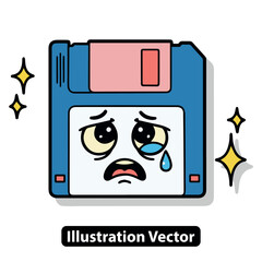 Sad Floppy Disk Character with Tears Nostalgic Digital Media Cartoon Vector Art