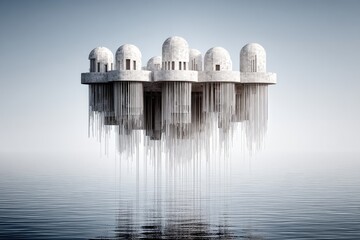 Floating city of domes, surreal architecture, icy strands