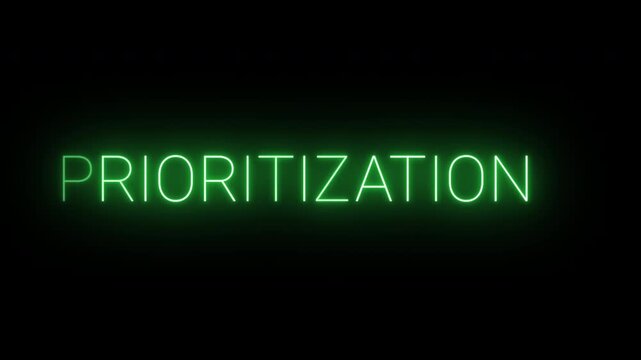 Flickering neon green Prioritization sign animated on black background.