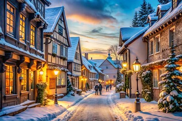 Obraz premium Picturesque European Village Street in Winter with Snow- Covered Half- Timbered Houses image photo