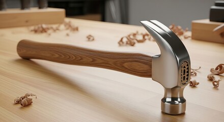 Gleaming Claw Hammer on Rustic Wood Workbench with Scattered Shavings, Craftsmanship Focus.