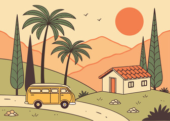 Stylized illustration of a yellow van driving on a road past palm trees and a small house in a hilly landscape with a sun and birds