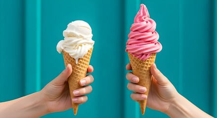 Delicious Ice Cream Cones A Treat for the Senses on a Vibrant Turquoise Background