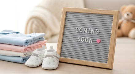 Exciting News Coming Soon Baby Announcement with Clothes and Accessories Display