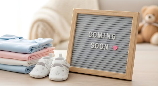 Exciting News  Coming Soon Baby Announcement with Clothes and Accessories Display