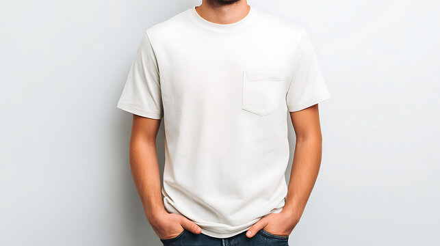 Man wearing a plain white t shirt standing with hands in pockets against a white background