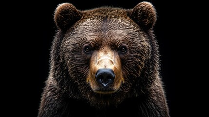 Fototapeta premium Striking Detailed Close-Up of Grizzly Bear's Face on Solid Black Background (Textured Brown Fur, Black Eyes, Wet Nose)