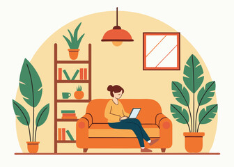 Woman working on laptop on sofa surrounded by plants and bookshelves in a cozy room computer home