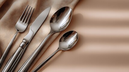 Elegant stainless steel cutlery set arranged on beige background with soft shadow and generous negative space for modern branding, advertising, kitchen and dining design concepts.