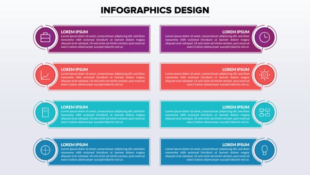 Versatile 8-point comparison infographic organized in two columns, offering an editable vector template for listing product features, services, or side-by-side data analysis