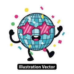 Cheerful disco ball character with star-shaped sunglasses, confetti, and a fun, vibrant design