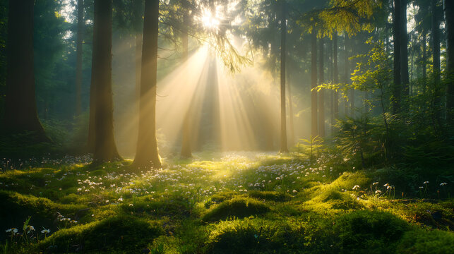 Morning Sunlight Shining into the Forest