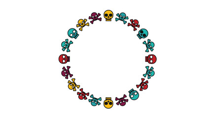 Fototapeta premium A circular arrangement of colorful pixelated skulls and crossbones creating a festive yet macabre border.