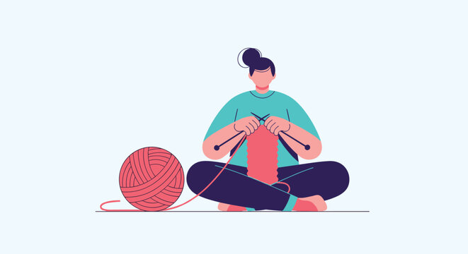 A person is sitting cross legged and knitting a red garment with a large ball of pink yarn beside them.