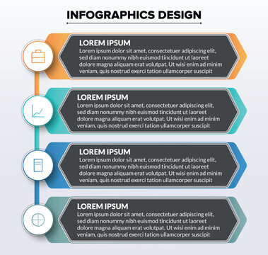 Modern vertical timeline infographic with four colored steps, featuring an editable vector template with geometric banners for a business process or project development presentation