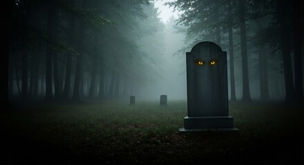 Foggy graveyard with tombstone featuring glowing yellow eyes in a dark forestlike setting