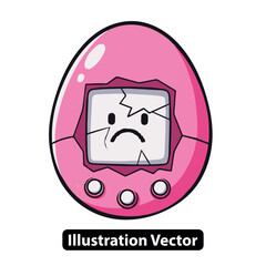 Vector cartoon of a sad pink digital pet with a cracked screen, retro electronic game toy