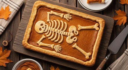 Delicious pumpkin pie decorated with a skeleton made of pastry for halloween