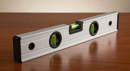 Precision Silver Spirit Level Tool with Centered Bubble on Reflective Wooden Surface.