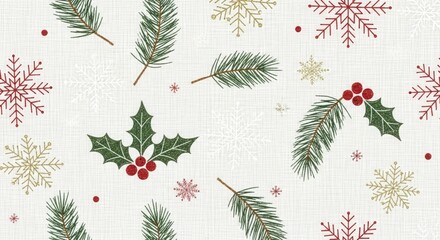 Christmas seamless pattern with pine branches, holly leaves, berries and snowflakes on a textured white background