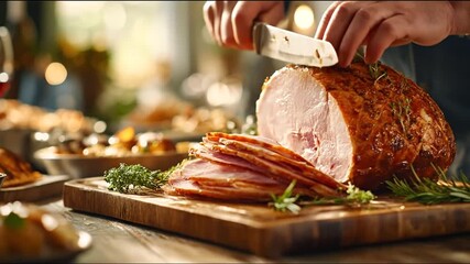 Sliced roasted ham thanksgiving dinner