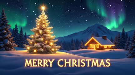 Fototapeta premium Magical christmas scene with a glowing tree, cozy cabin, and aurora borealis under a starry sky