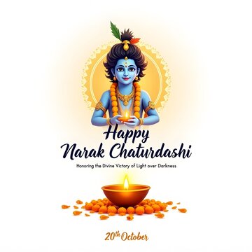 Happy narak chaturdashi celebration with lord krishna and diya