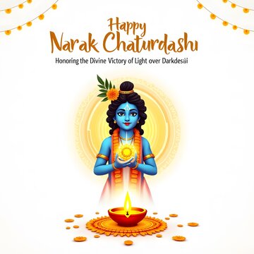 Lord krishna holding a diya for happy narak chaturdashi festival celebration