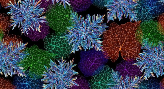 Abstract colorful crystalline snowflake and leaf pattern on black background