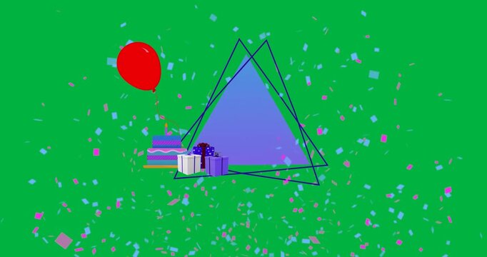 Flat design confetti scattering on transparent backdrop around gradient triangle panel with icons