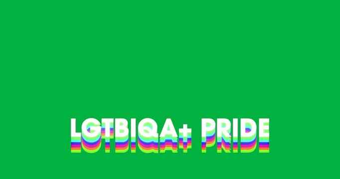 Rainbow-layered LGTBIQA+ PRIDE text being animated on transparent background, using 3D render style